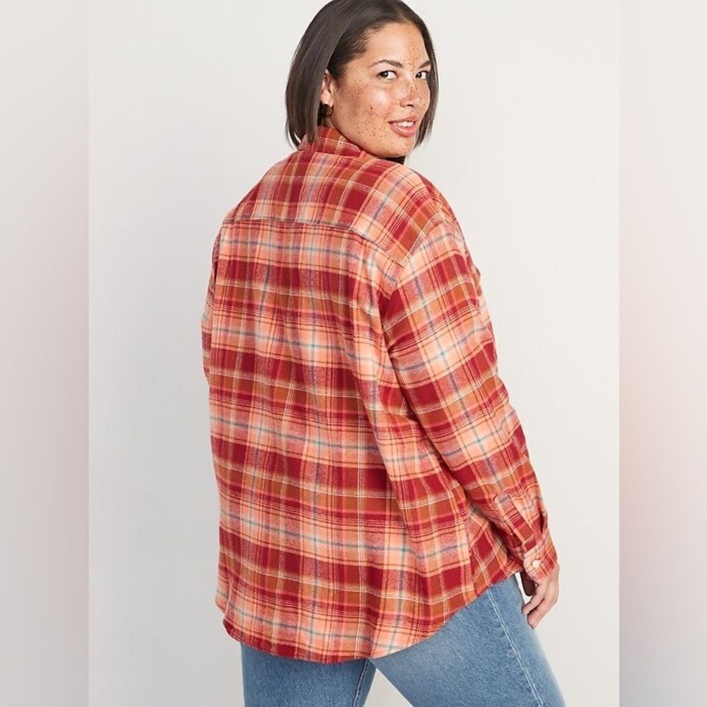 Old Navy Orange Red Long-Sleeve Tunic Boyfriend Plaid Flannel Shirt NWT 2X - Picture 2 of 16
